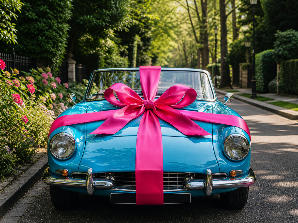 Nouvelle voiture avec nœud cadeau rose