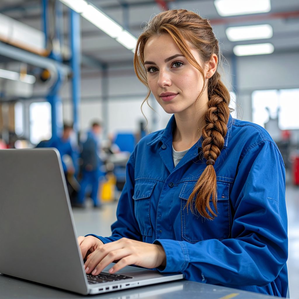 Technicienne automobile gérant ses dossiers en ligne